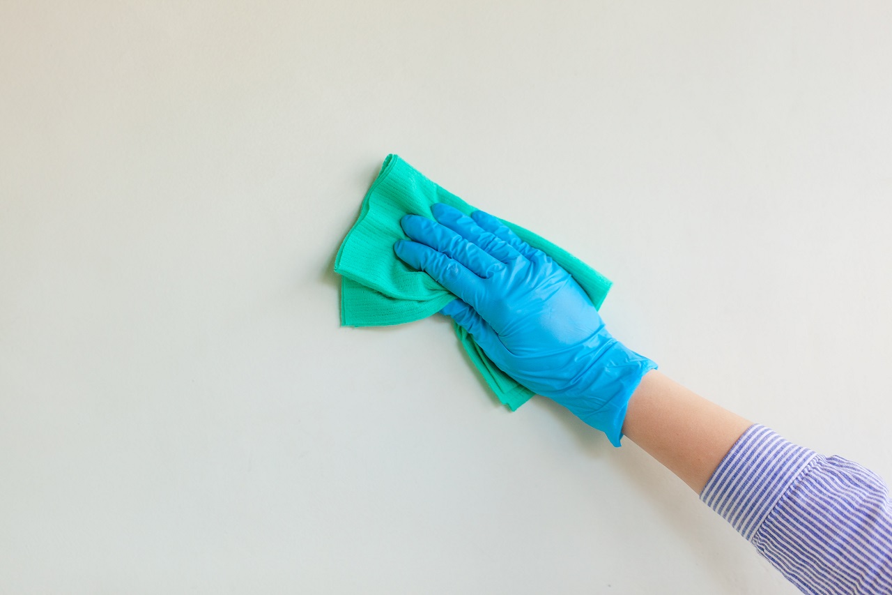 A hand with blue rubber gloves on wiping a wall