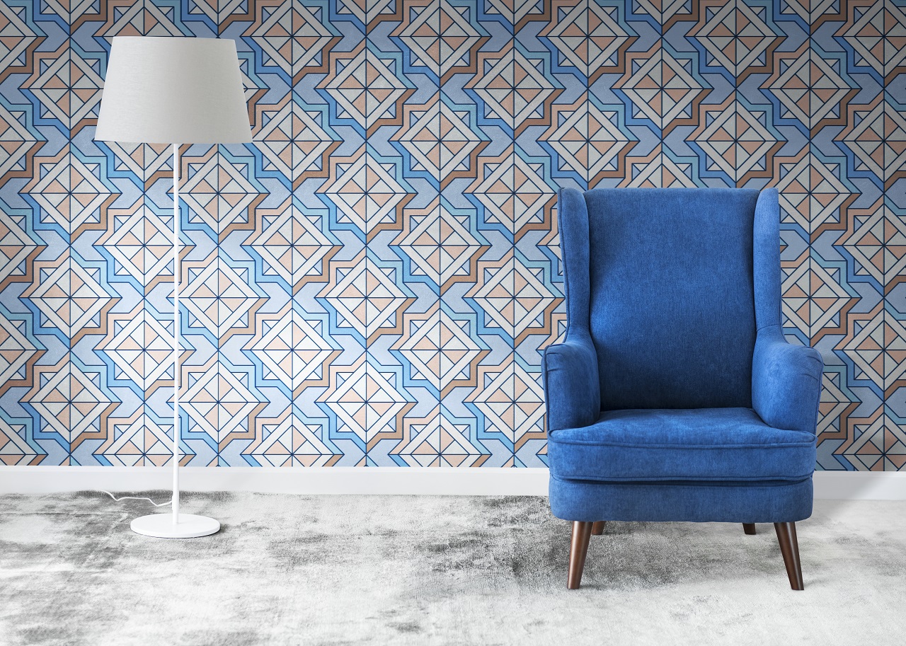 A living room wall with geometric wall patterns